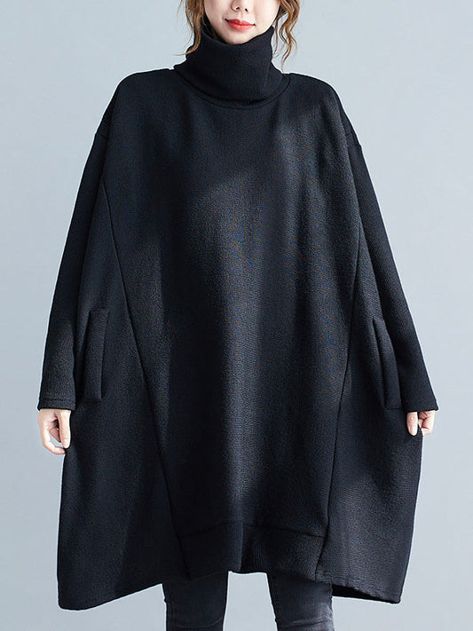 Loose Black Heaps Collar Pockets A-line Long Sleeve Sweater An1065