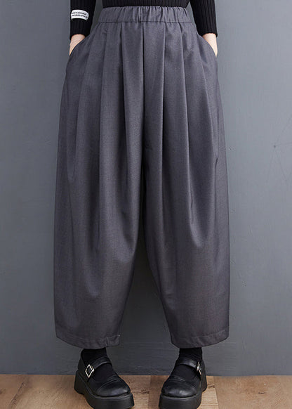 Pockets Crop Waist Elastic Cotton Spring Grey Pants