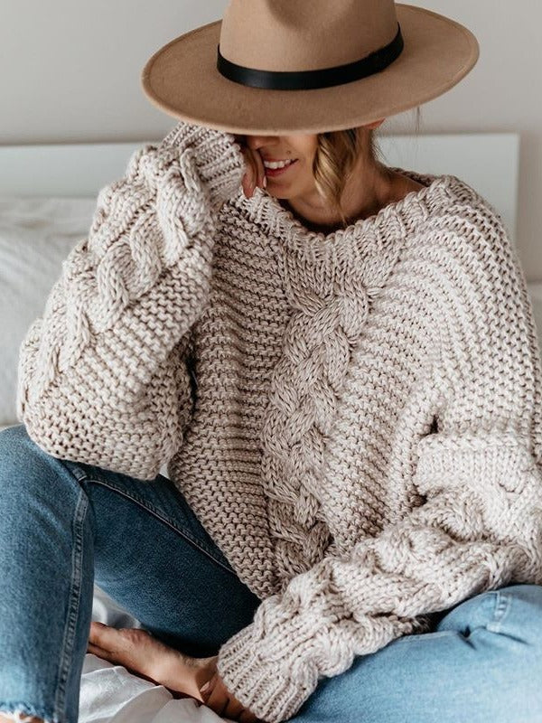 Color V-neck Cable Knit Sweater