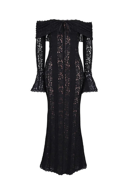 Lace Off Shoulder Flare Sleeve Fishtail Maxi Dresses-white