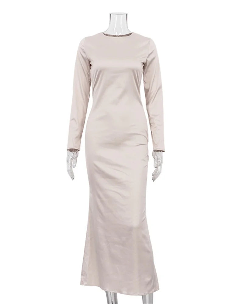 Hollow Out Satin Maxi Dress Female High Waist Slim Scoop Neck Long Sleeve Dress Zipper Party Dress Summer