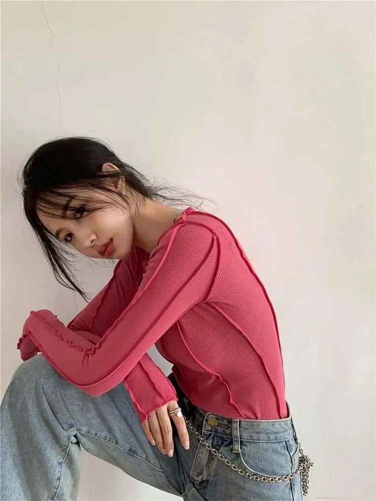 Long Sleeve T-shirts Spring O-neck Bright Line Decoration Slim Soft Clothing Tees