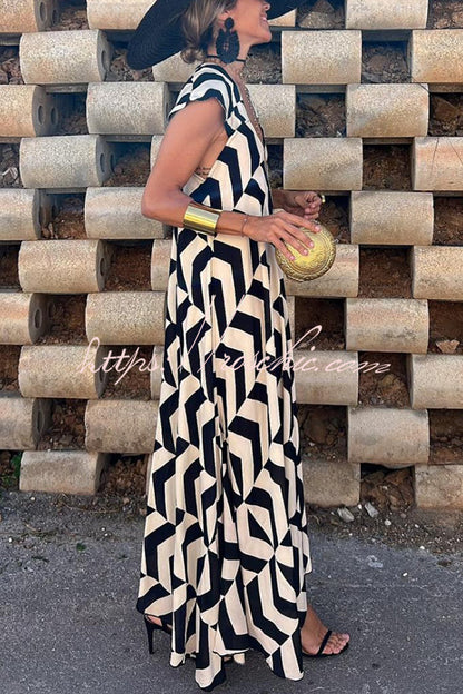 Fresh Breeze Unique Print Ruffle Sleeve A-line Maxi Dress