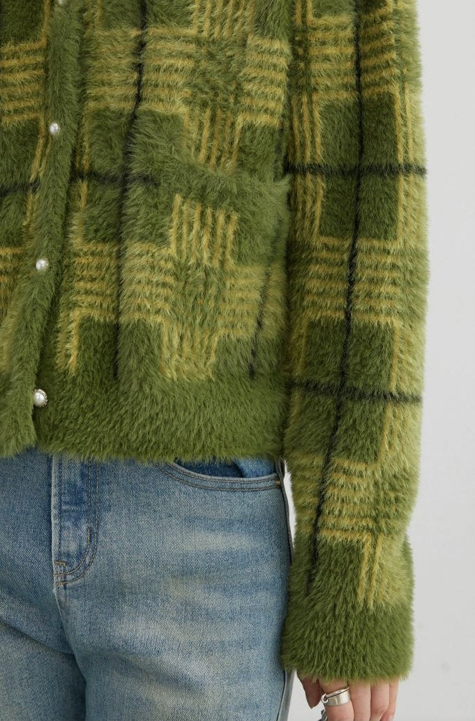Plaid Fuzzy Cropped Cardigan