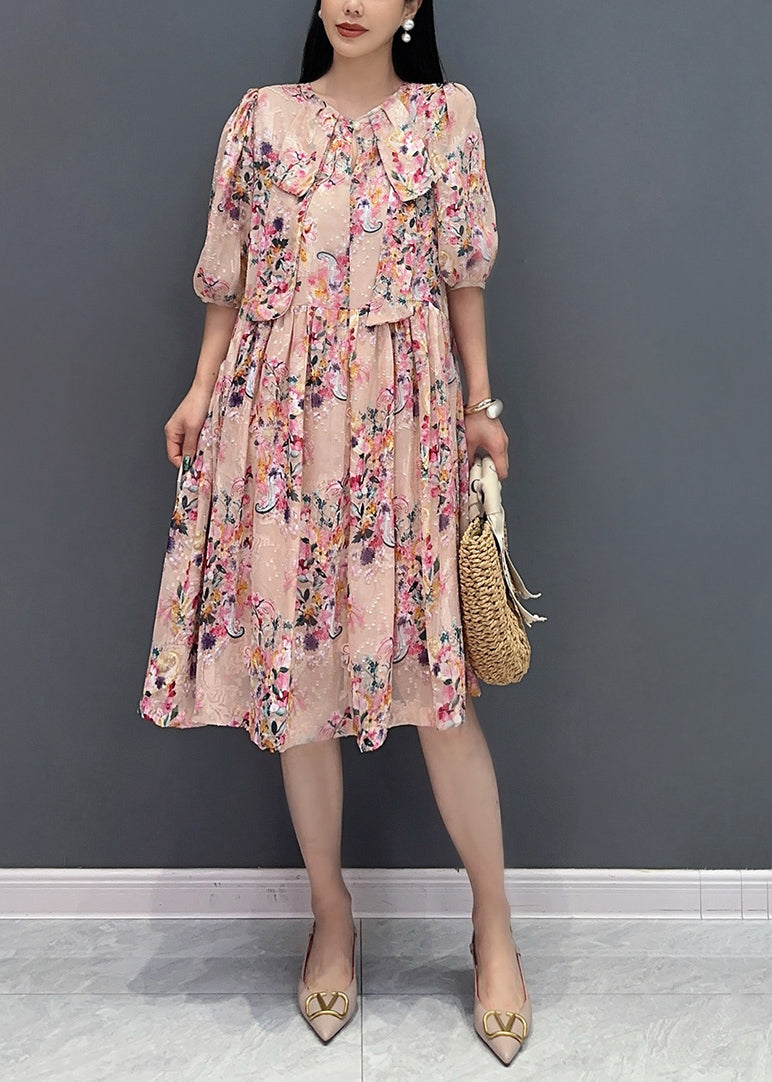 French Pink Print Fake Two Pieces Long Dress Summer Ao1030