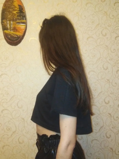 Harajuku Shirt Funny Y2k Crop Tops Black Femme Navel T-shirt Round Neck Short Loose Tee Shirt Summer