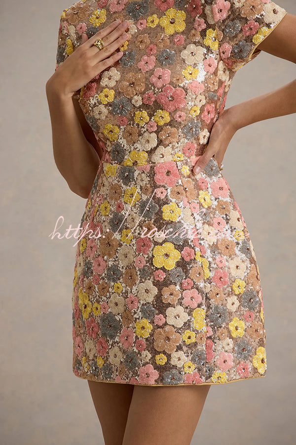80's Inspired Print Sequin Short Sleeve Stretch Mini Dress