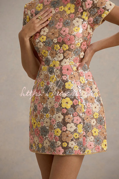 80's Inspired Print Sequin Short Sleeve Stretch Mini Dress