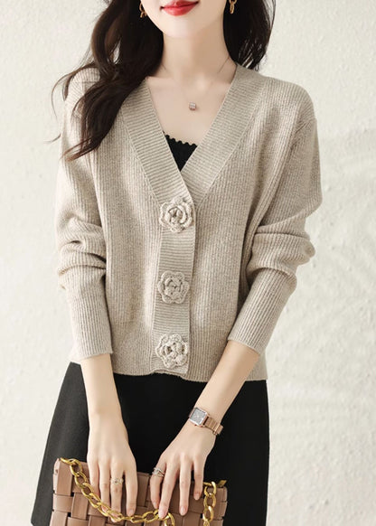 Stylish Apricot V Neck Button Knit Cardigans Fall Qc029