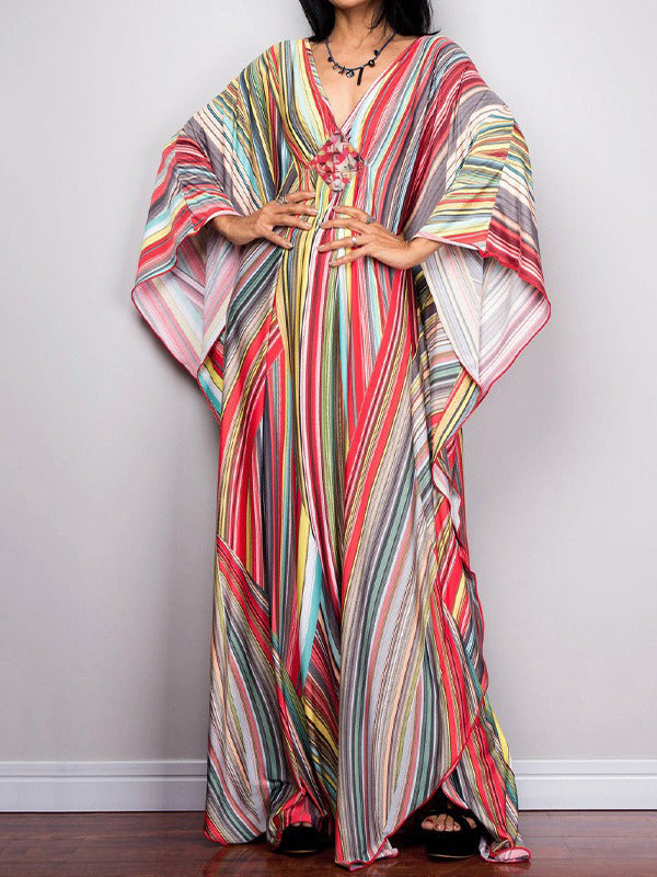 Batwing Sleeves Loose Printed Split-joint Striped V-neck Maxi Dresses