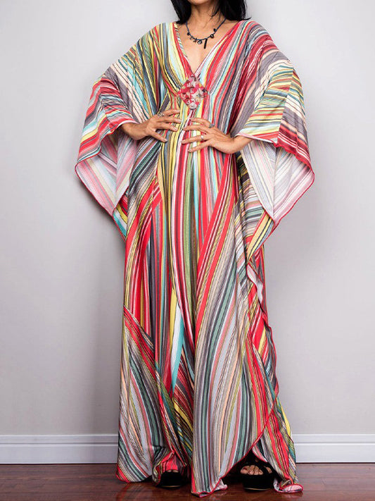 Batwing Sleeves Loose Printed Split-joint Striped V-neck Maxi Dresses