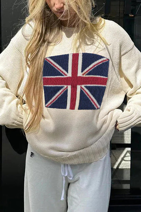 Flag Pattern Knitted Crewneck Long Sleeve Sweater