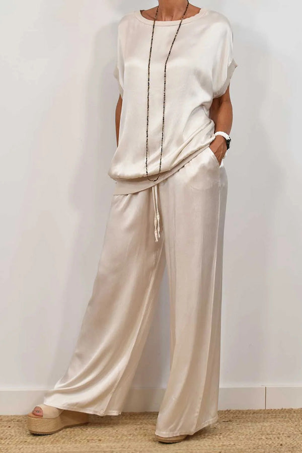 Satin Color Loose Short-sleeved Top and Elastic Waist Lace-up Pocket Wide-leg Pants Set
