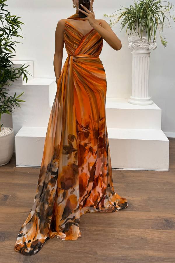 In a Dreamland Chiffon Print Off Shoulder Pleated Scarf Slit Maxi Dress