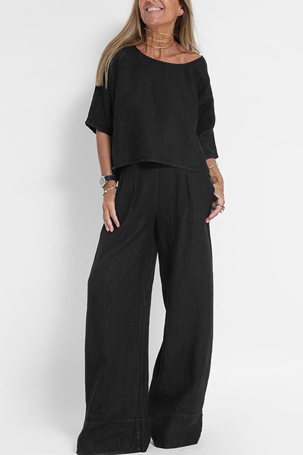 Linen Blend Color Round Neck Top and Loose Wide-leg Pants Set