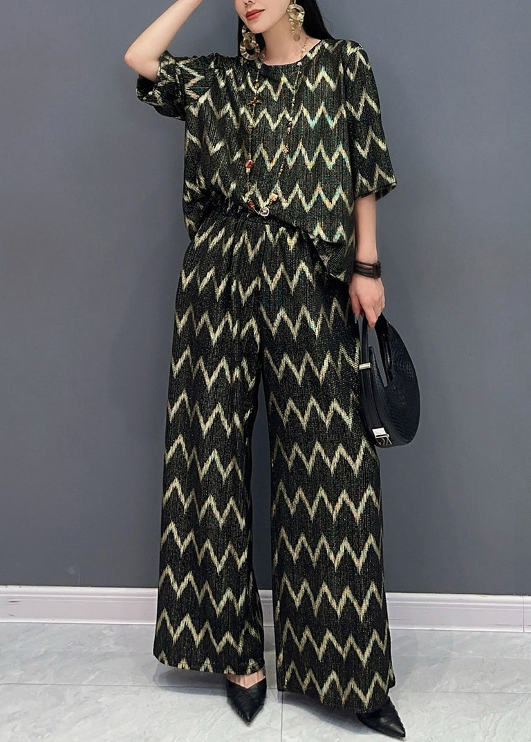 Black Gold O-neck Print and Wide Leg Pants T Shirt Two Pieces Set Short Sleeve Ao1059