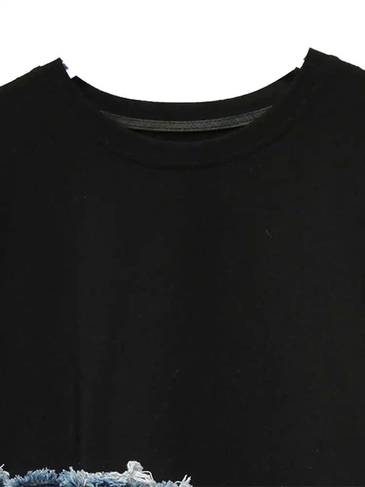Denim Street Patchwork Sleeve White Short T-shirt O-neck Hem