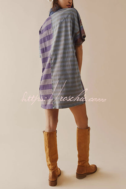 Contrast Striped Patchwork Denim Lapel Loose Mini Dress