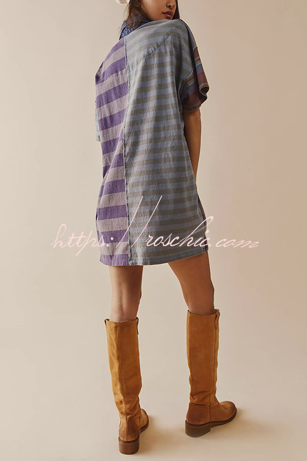 Contrast Striped Patchwork Denim Lapel Loose Mini Dress