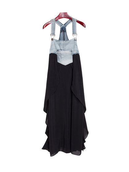 Irregularity Loose Falbala Split-joint Spaghetti-neck Maxi Dresses