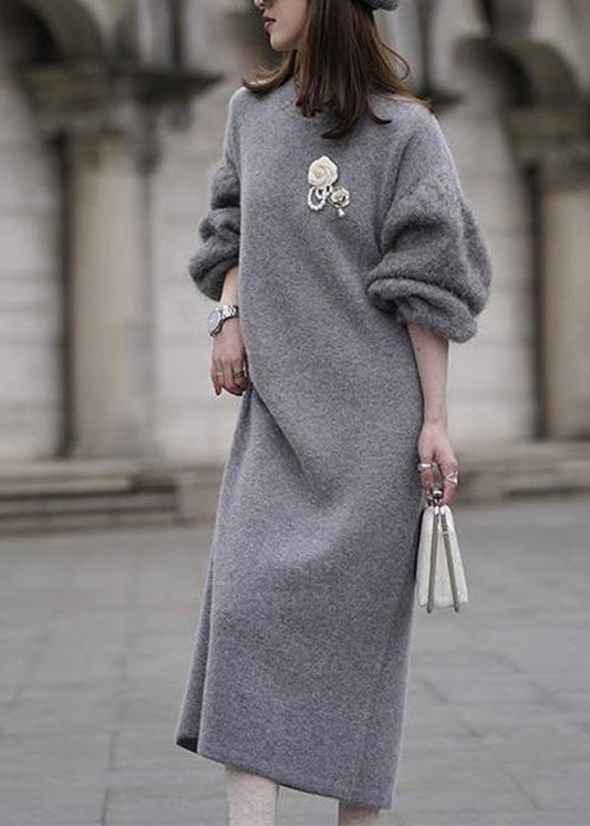 Italian Grey O Neck Woolen Sweater Dress Lantern Sleeve Wv019