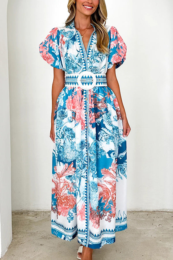 Unique Print Puff Sleeve Button Belt Maxi Dress
