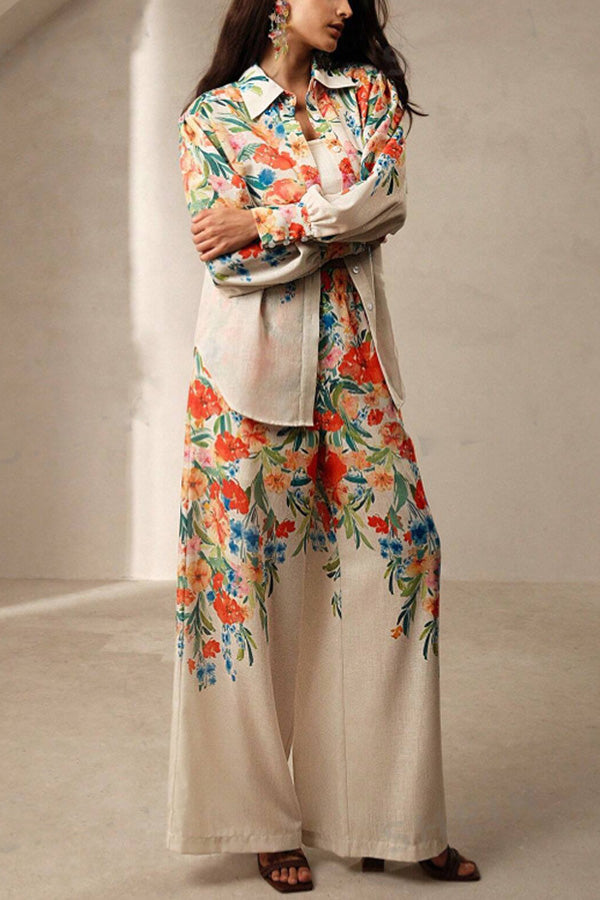 Print Lapel Long Sleeve Shirt and Elastic Waist Pocket Wide Leg Pants Set
