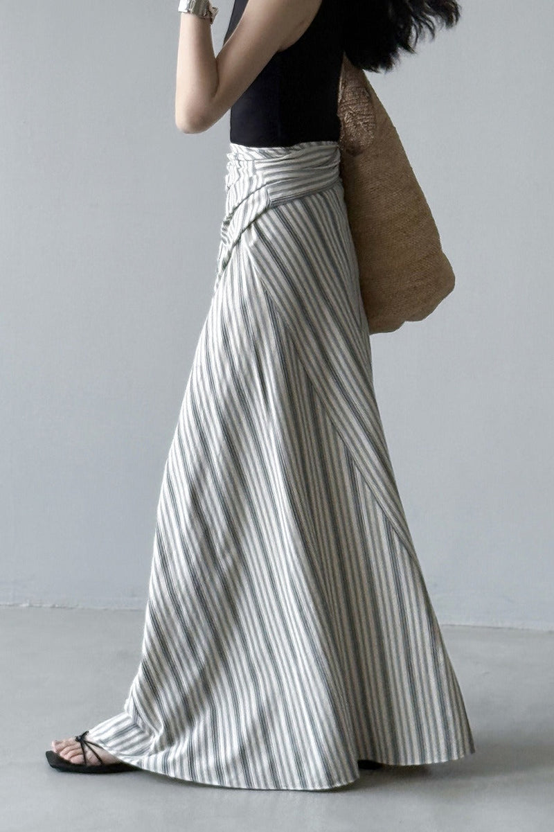 High Waist Striped Tie Waist a Line Maxi Skirt