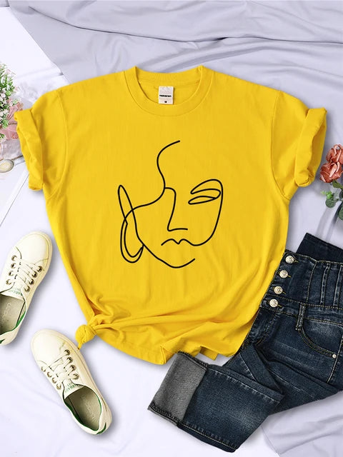 Abstract Simple Stroke Face Prints T-shirts Hip Hop Breathable Short Sleeve Soft Street Tops Female Tee Clothing