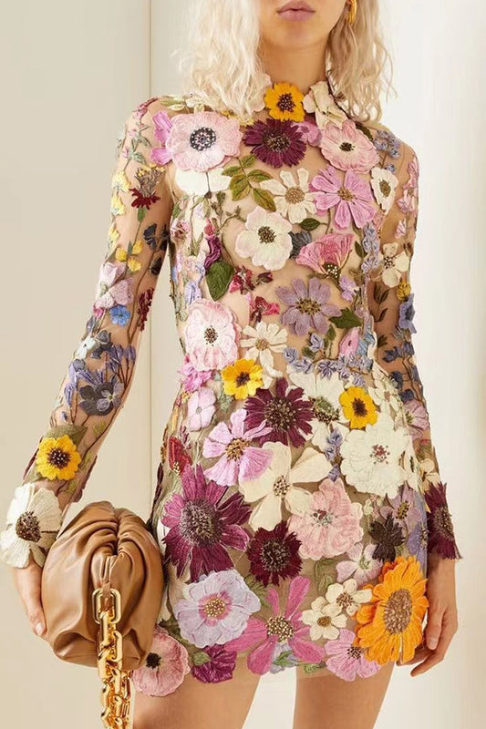 Elegantly Enchanted Applique Backless Long Sleeve Mini Dress