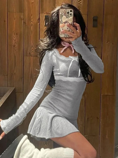 Knitted Mini Dress for Rib High Waist Splice Lace Dresses Femme Slim Folds Dress Woman Autumn