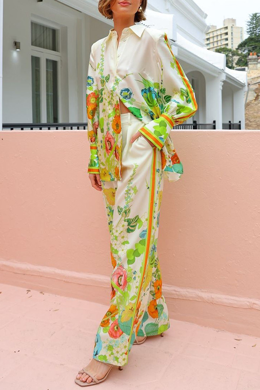 Satin Print Back Elastic Waist Pocketed Wide Leg Pants