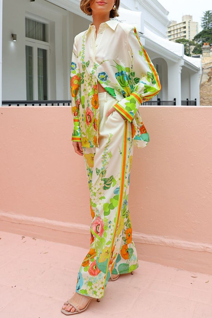 Satin Print Back Elastic Waist Pocketed Wide Leg Pants