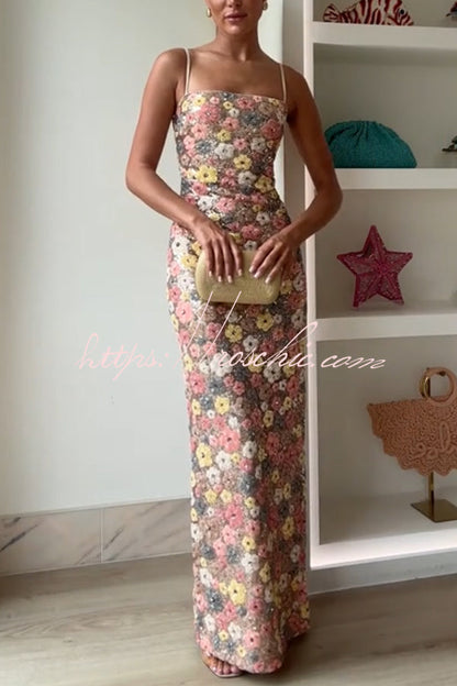 80's Inspired Print Sequin Square Neck Slip Stretch Maxi Dress