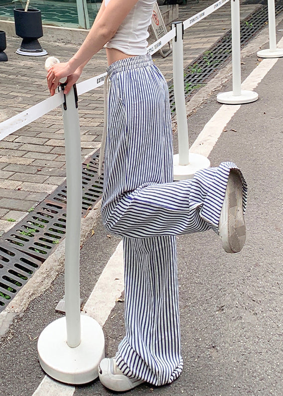New Blue Striped Pockets Elastic Waist Cotton Pants Summer Nn003
