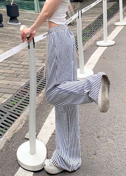 New Blue Striped Pockets Elastic Waist Cotton Pants Summer Nn003