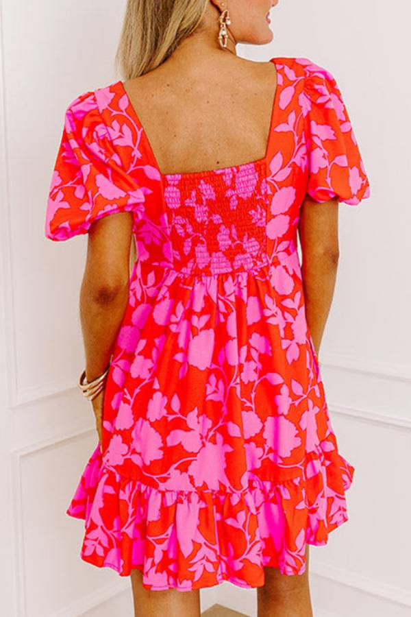 Red Bubble Sleeve Sweetheart Neck Ruffled Mini Dress