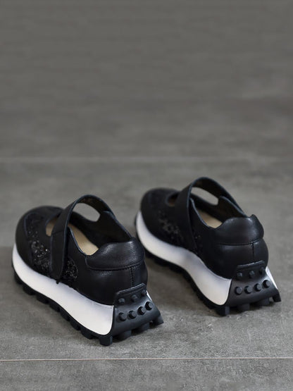 Summer Leather Spliced Mesh Sequin Platform Shoes Xx1022
