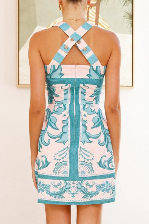 Back Criss Cross Sleeveless Printed Mini Dress