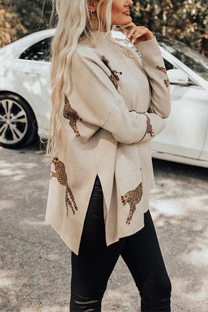 High Neck Side Slit Cheetah Pattern Sweater