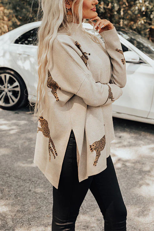 High Neck Side Slit Cheetah Pattern Sweater