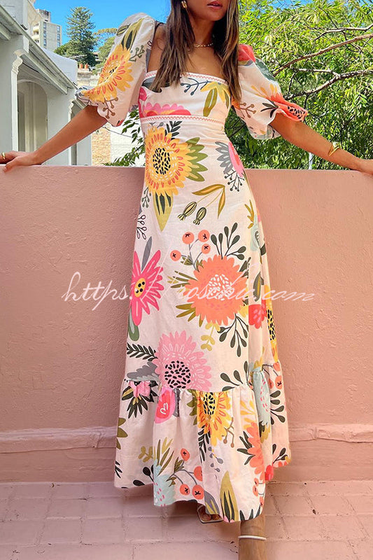 Looking for Sunshine Print Square Neck Bubble Sleeve Maxi Dress
