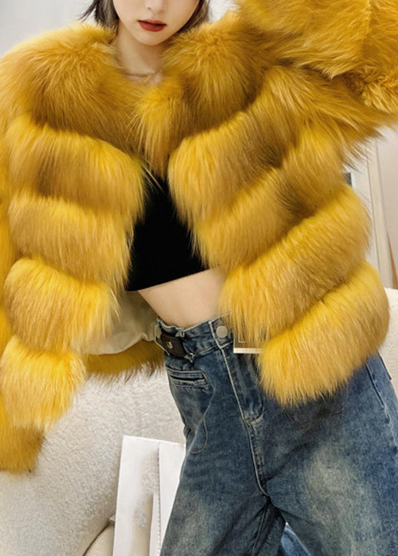 Classy Yellow Fox Collar Leather and Fur Coats Winter Wv031
