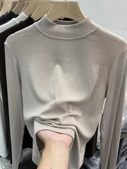 Basic Pure Cotton White T-shirt for Slim Top ’s Half Turtleneck Long Sleeve T-shirts