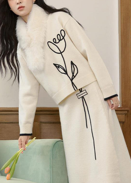 Stylish Beige O Neck Sweaters and Skirts Knit Two Pieces Set Winter Wv012