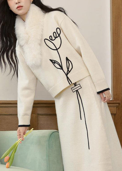 Stylish Beige O Neck Sweaters and Skirts Knit Two Pieces Set Winter Wv012