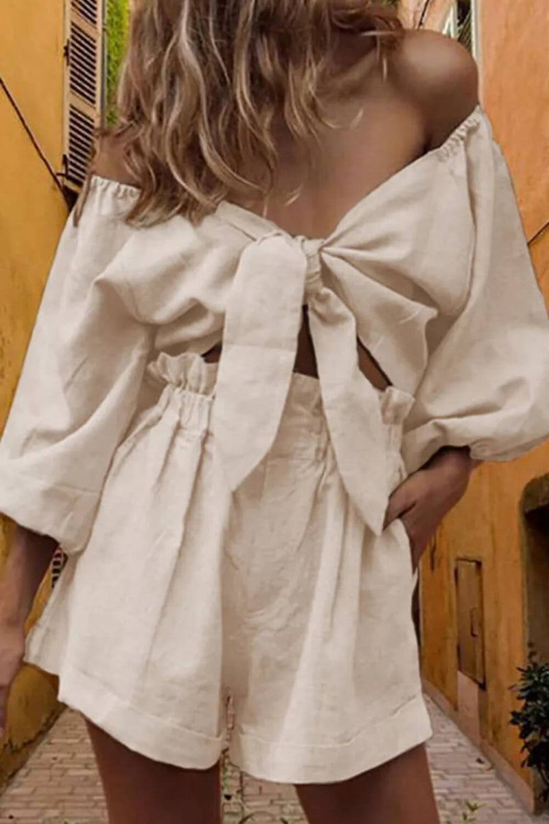 Linen Wrap Front Tie Puff Sleeve Shorts Sets in Khaki