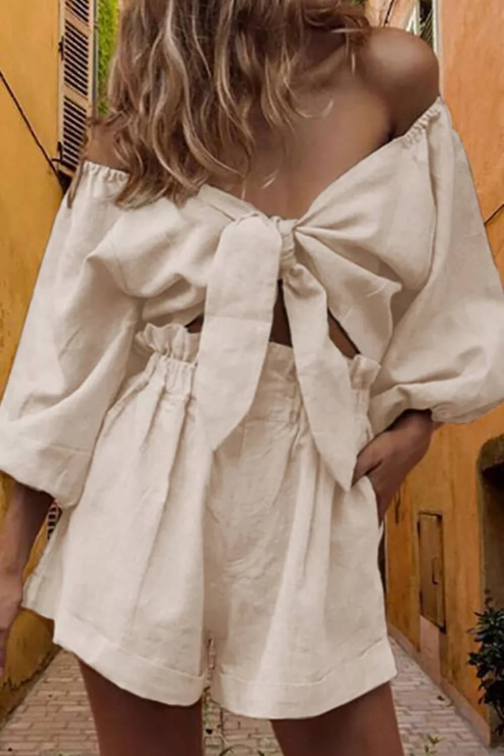 Linen Wrap Front Tie Puff Sleeve Shorts Sets in Khaki