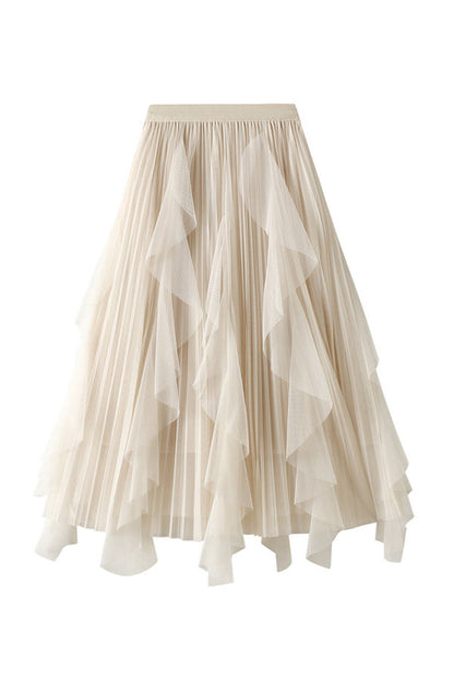 High-waisted Ruffled Patchwork Mesh Skirt