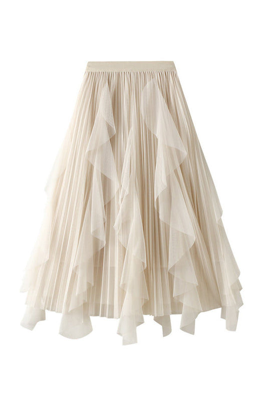 High-waisted Ruffled Patchwork Mesh Skirt